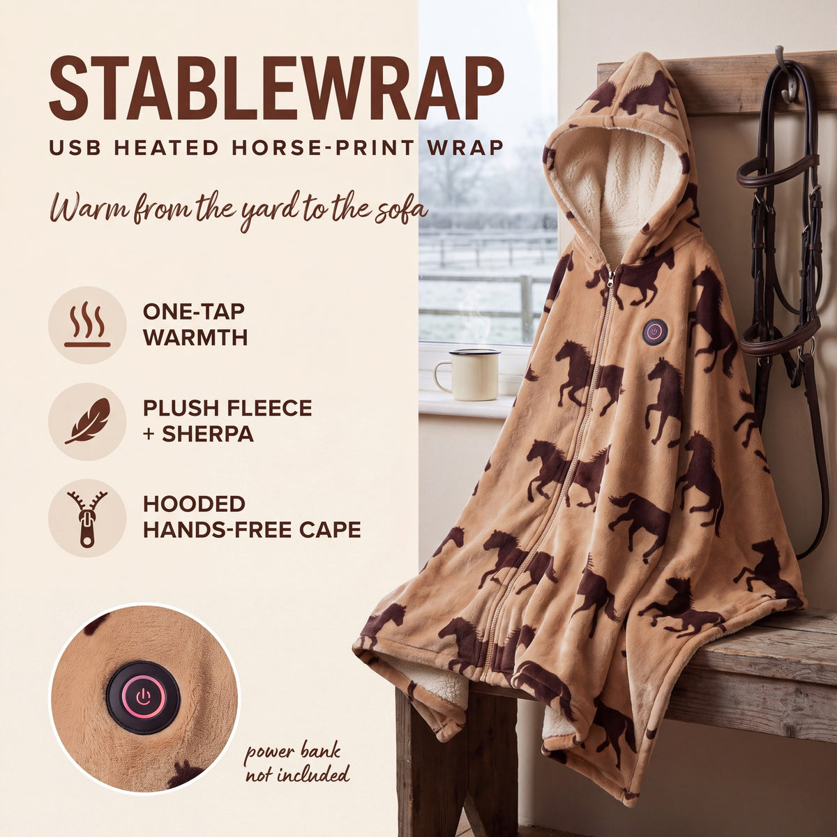 STABLEWRAP hooded heated horse-print cape