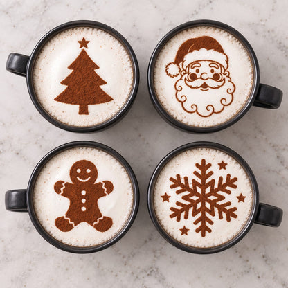 Vier Cappuccinos mit Kakao-Motiven